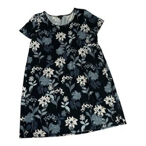 J. Jill Wearever Collection Short Sleeve Dress | Floral Navy Blue Print | Large